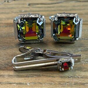 Vintage Swank Cuff Links  & Tie Clip Set, Watermelon Crystal Green Glass